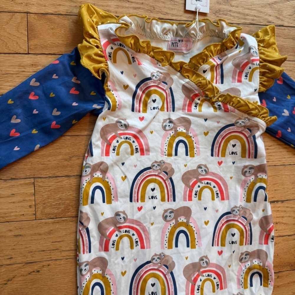 Pete + Lucy Sloth Rainbow Ruffle‎ Romper Blue Mustard Hearts 12-18M NEW